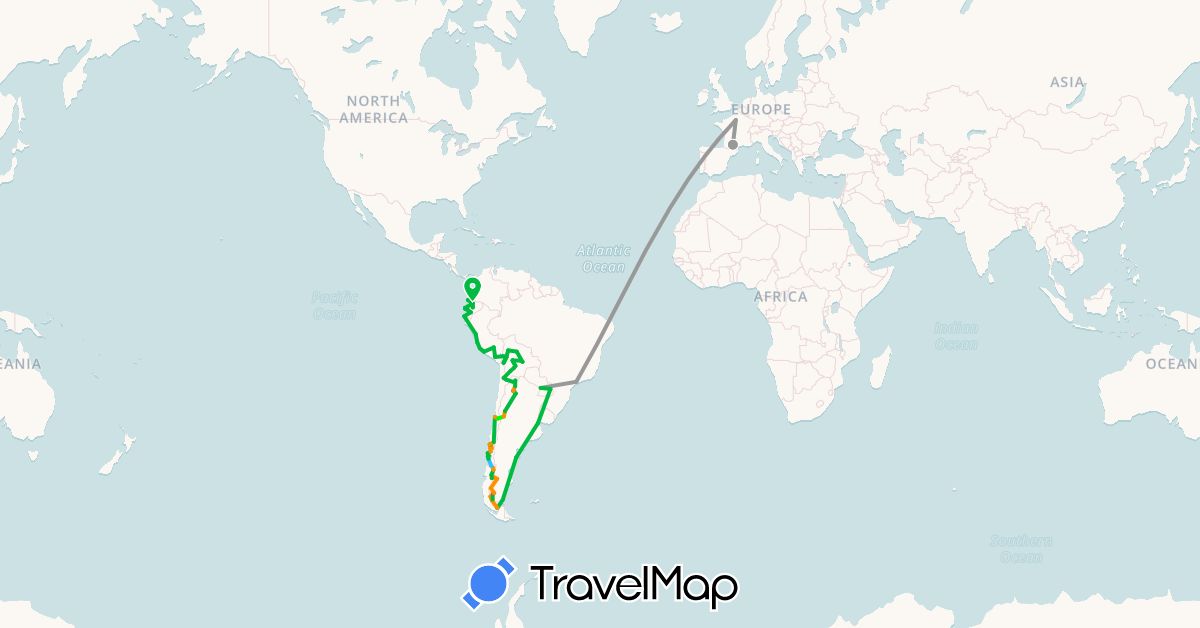 TravelMap itinerary: driving, bus, plane, cycling, hiking, boat, hitchhiking, bus / stop in Argentina, Bolivia, Brazil, Chile, Ecuador, France, Peru, Paraguay (Europe, South America)
